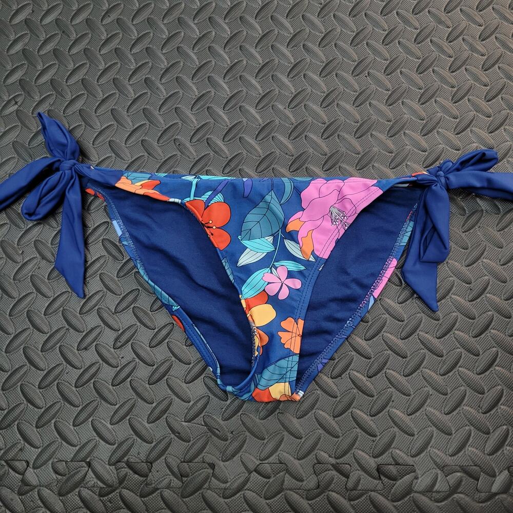 Heat Bikini Bottom Medium Blue Floral Tie Side String Swim Vacation Ready Beach